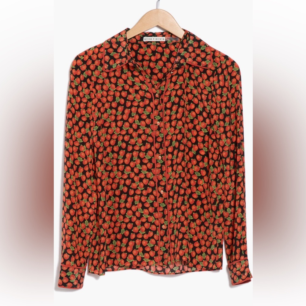 Alice + Olivia Red and Green strawberry willa silk shirt button down selkie